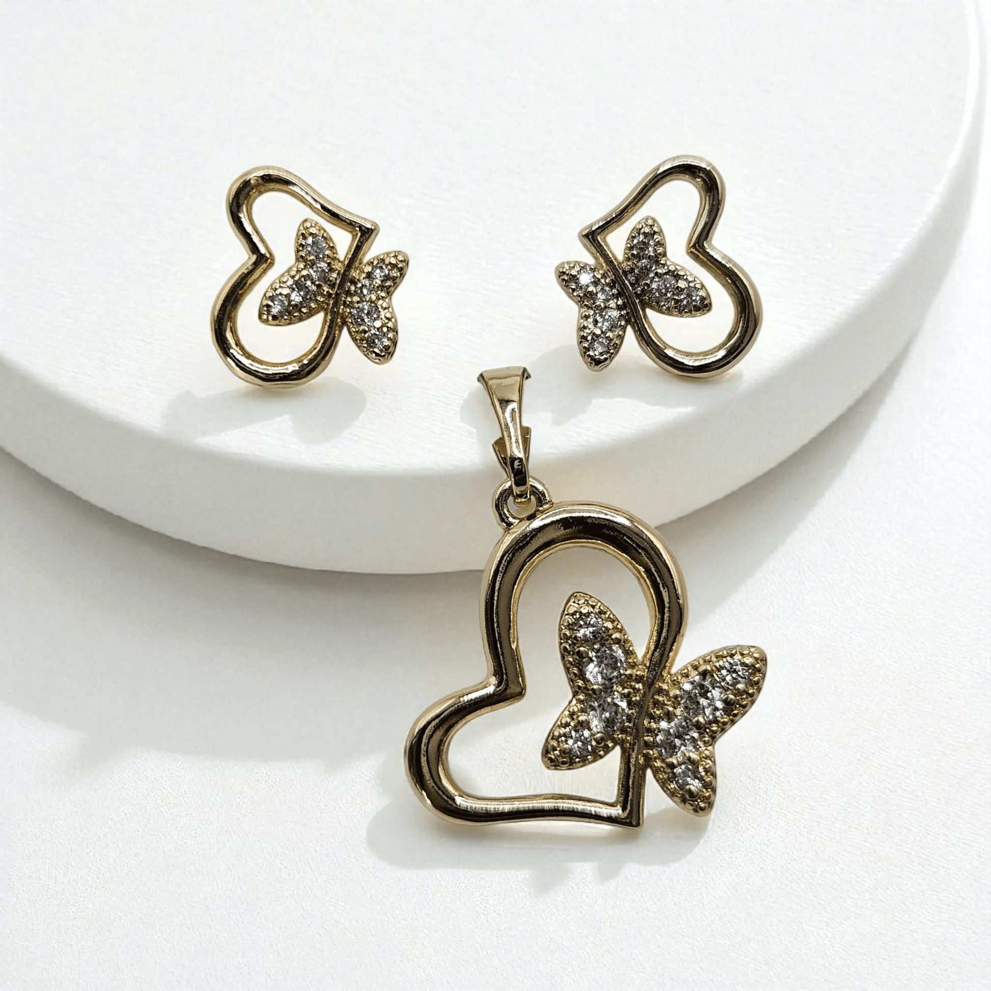 Heart and Butterfly 14k Gold Plated Earrings and Pendant Set