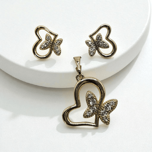 Heart and Butterfly 14k Gold Plated Earrings and Pendant Set