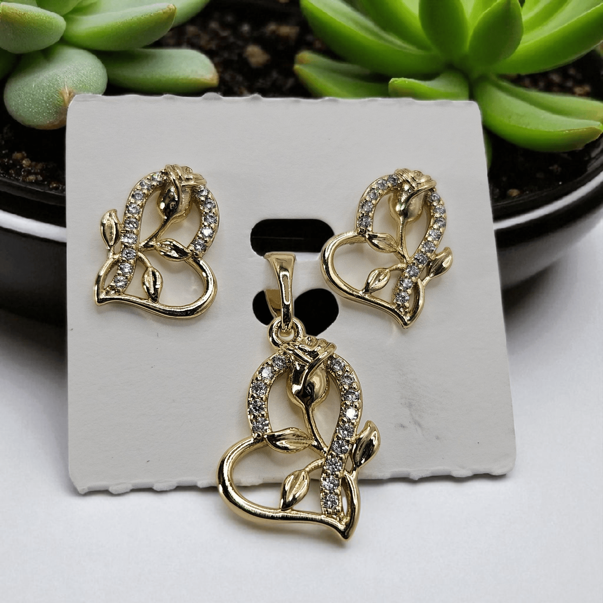 Heart and Rose 14k Gold Plated Earrings and Pendant Set