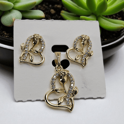 Heart and Rose 14k Gold Plated Earrings and Pendant Set