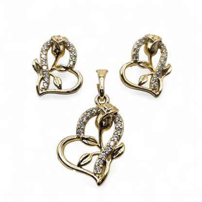 Heart and Rose 14k Gold Plated Earrings and Pendant Set