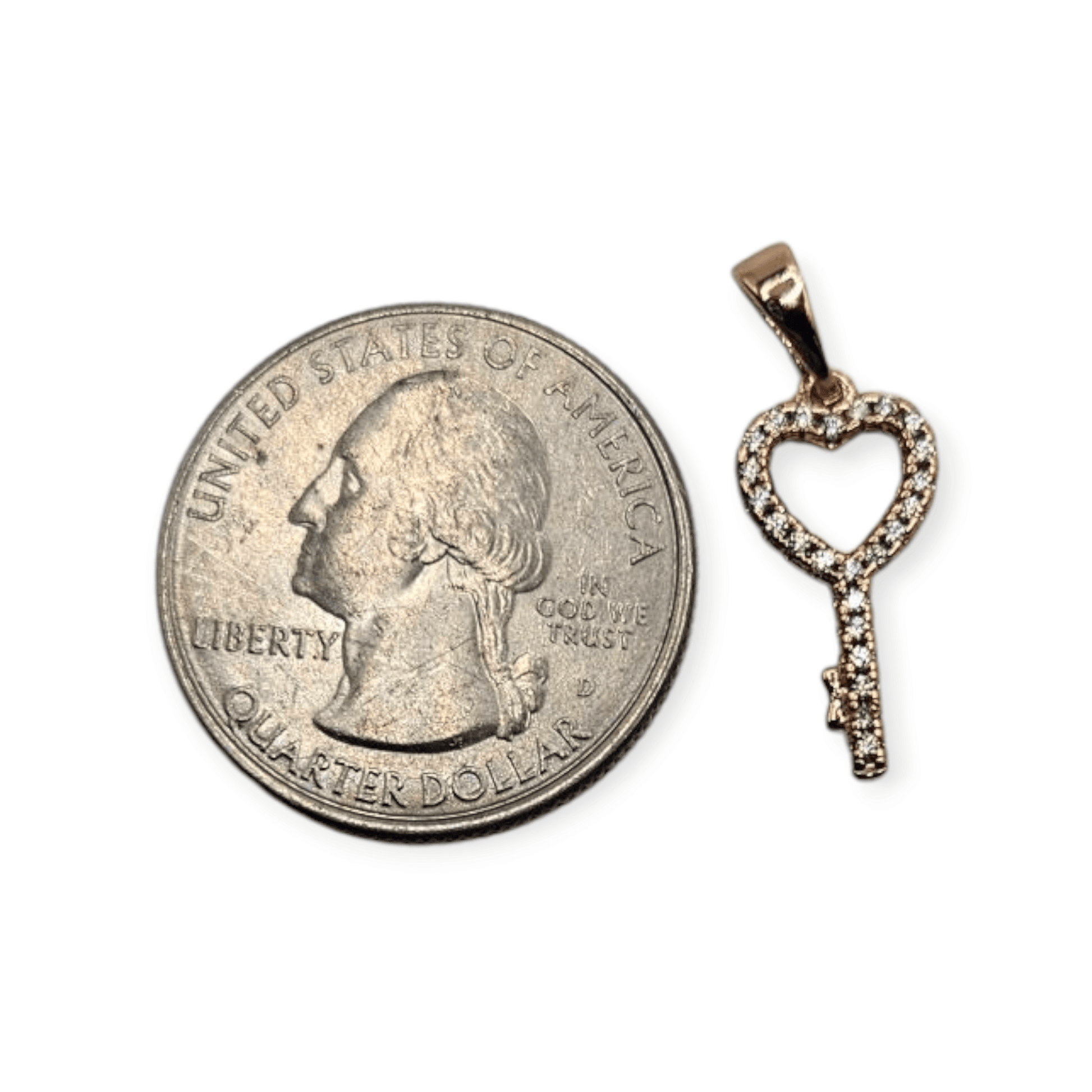 Heart Key Charm 18K Rose Gold Plated with White Cubic Zirconia Stones