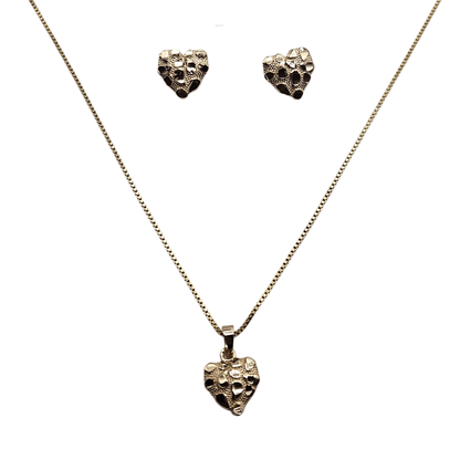 Heart Nugget Necklace and Earrings Silver with 14K Gold Plating Set 22" Box Chain