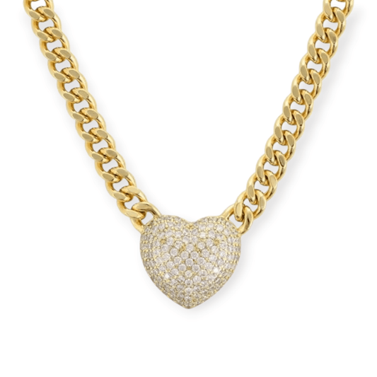 Heart Pendant in 14K Gold Plated Necklace 20in Cuban Style Chain