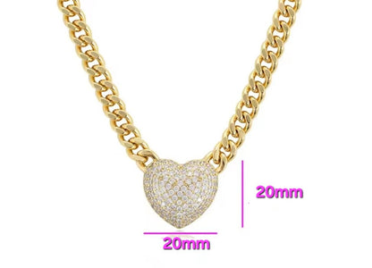 Heart Pendant in 14K Gold Plated Necklace 20in Cuban Style Chain