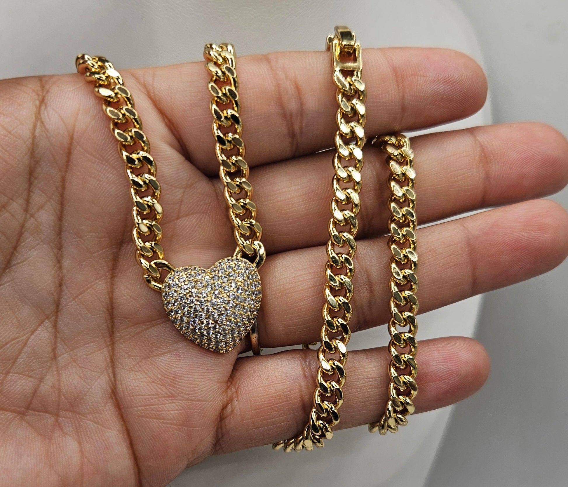 Heart Pendant in 14K Gold Plated Necklace 20in Cuban Style Chain