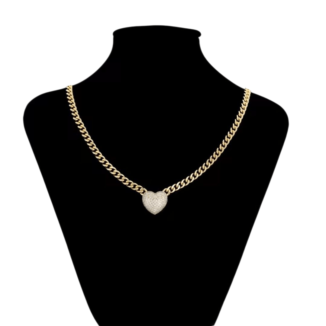 Heart Pendant in 14K Gold Plated Necklace 20in Cuban Style Chain