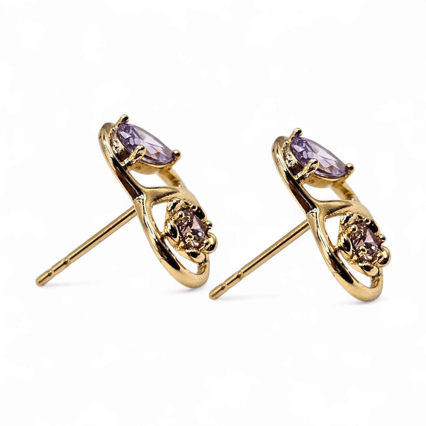 Heart Stud Earrings with Pink and Purple Flowers 14k Gold Plated
