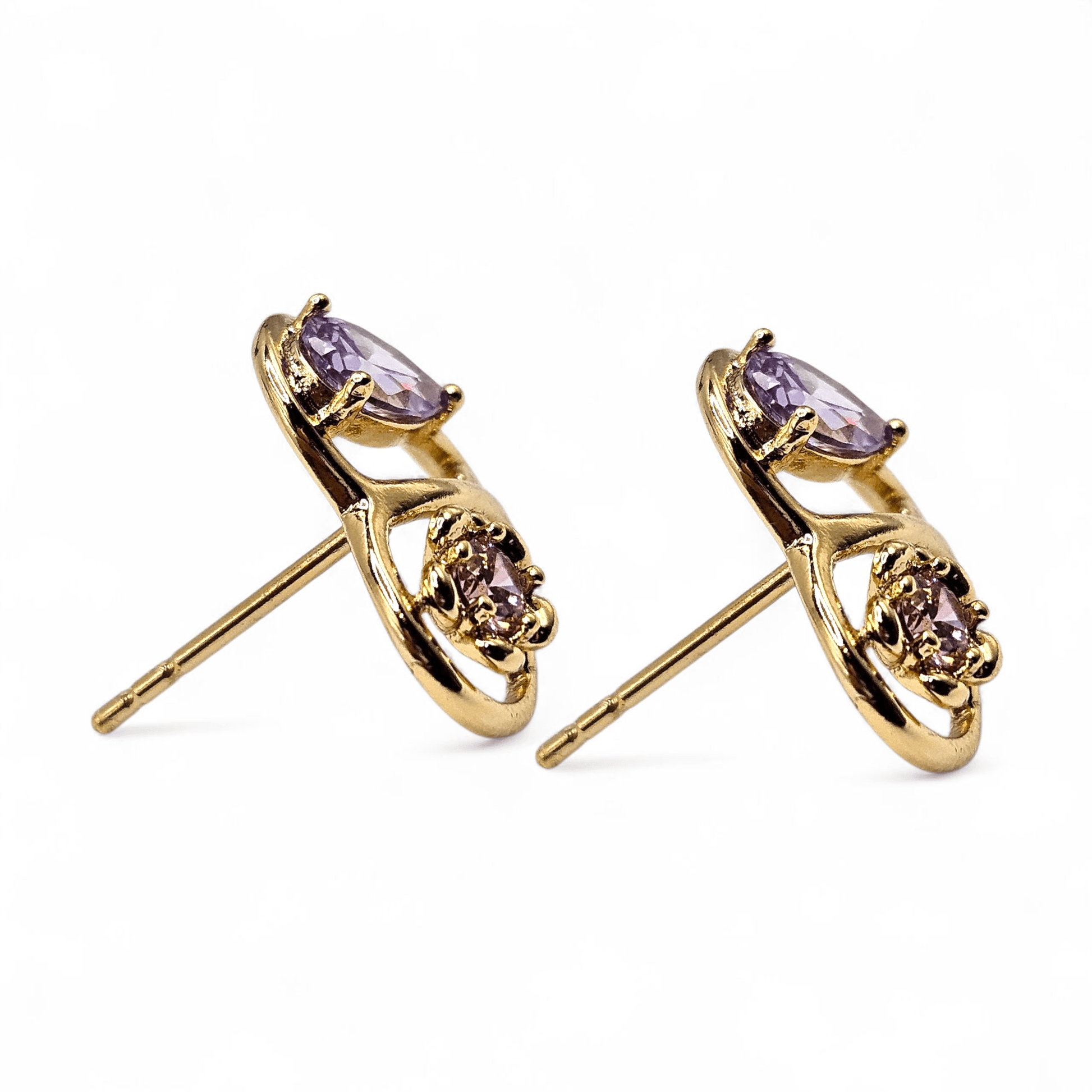 Heart Stud Earrings with Pink and Purple Flowers 14k Gold Plated