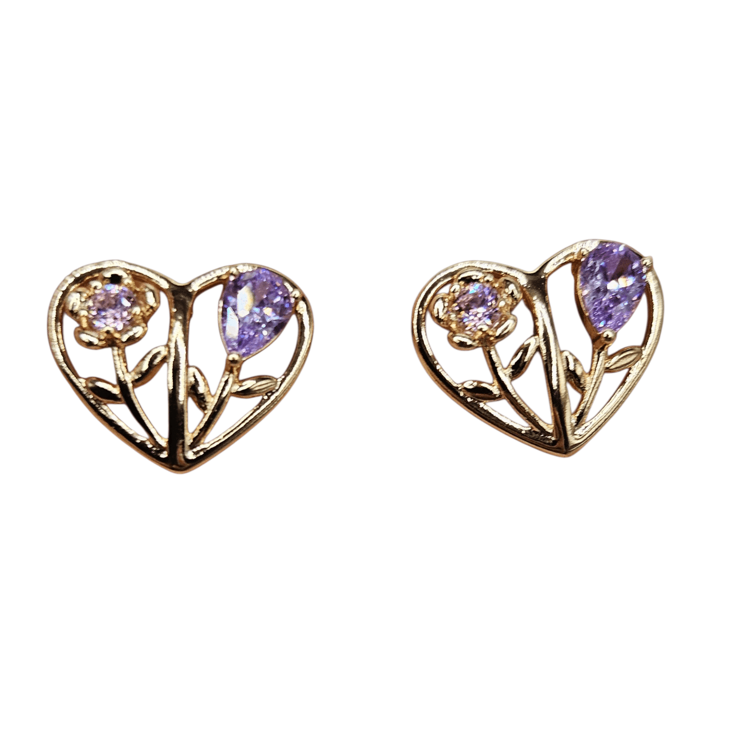 Heart Stud Earrings with Pink and Purple Flowers 14k Gold Plated