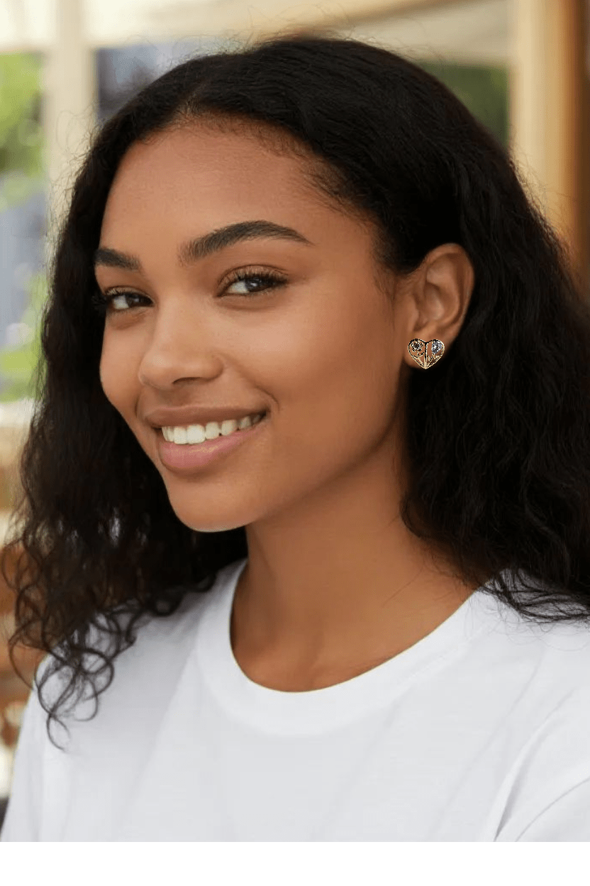 Heart Stud Earrings with Pink and Purple Flowers 14k Gold Plated