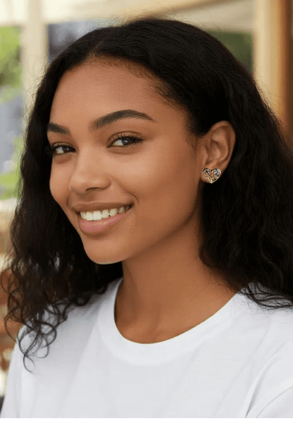 Heart Stud Earrings with Pink and Purple Flowers 14k Gold Plated