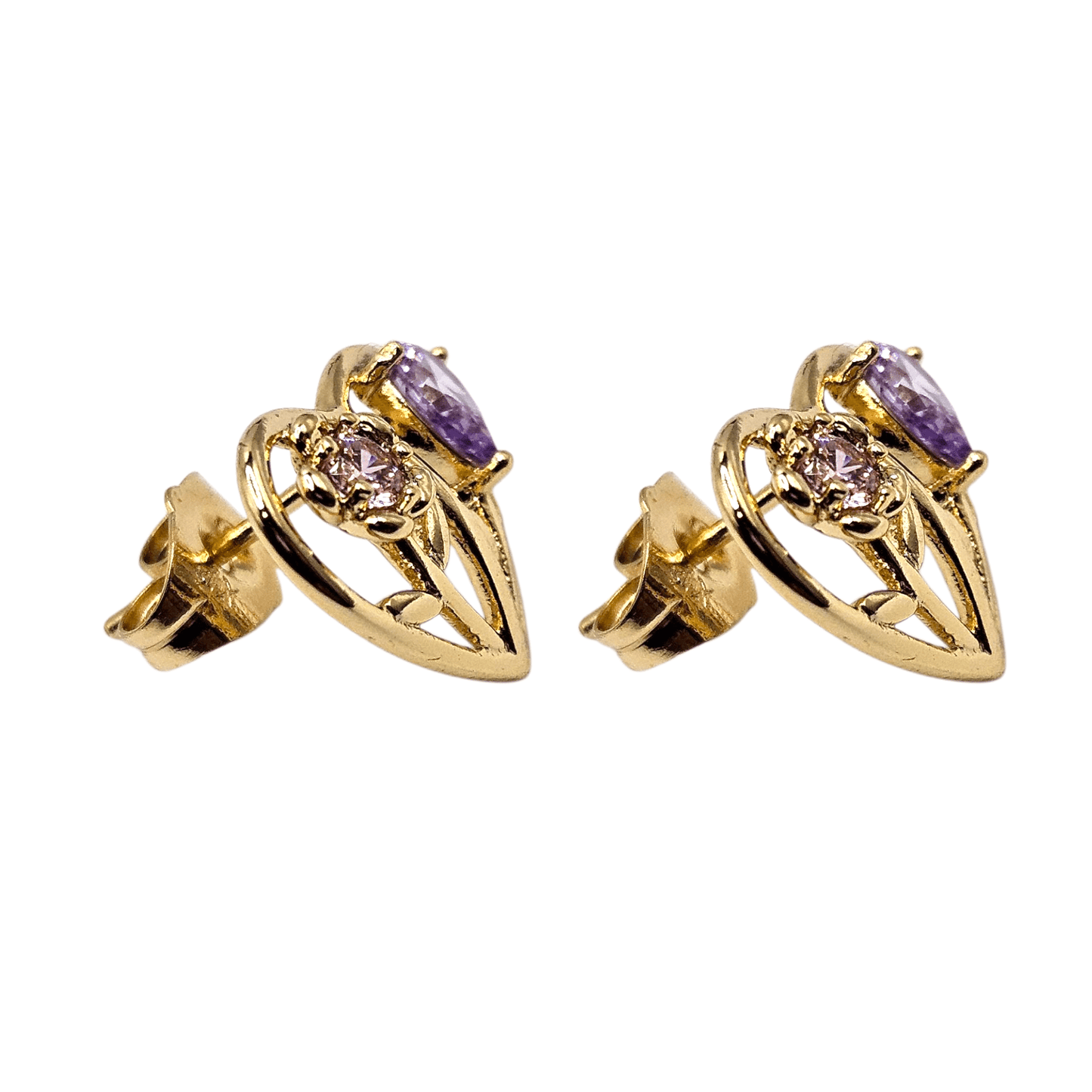 Heart Stud Earrings with Pink and Purple Flowers 14k Gold Plated