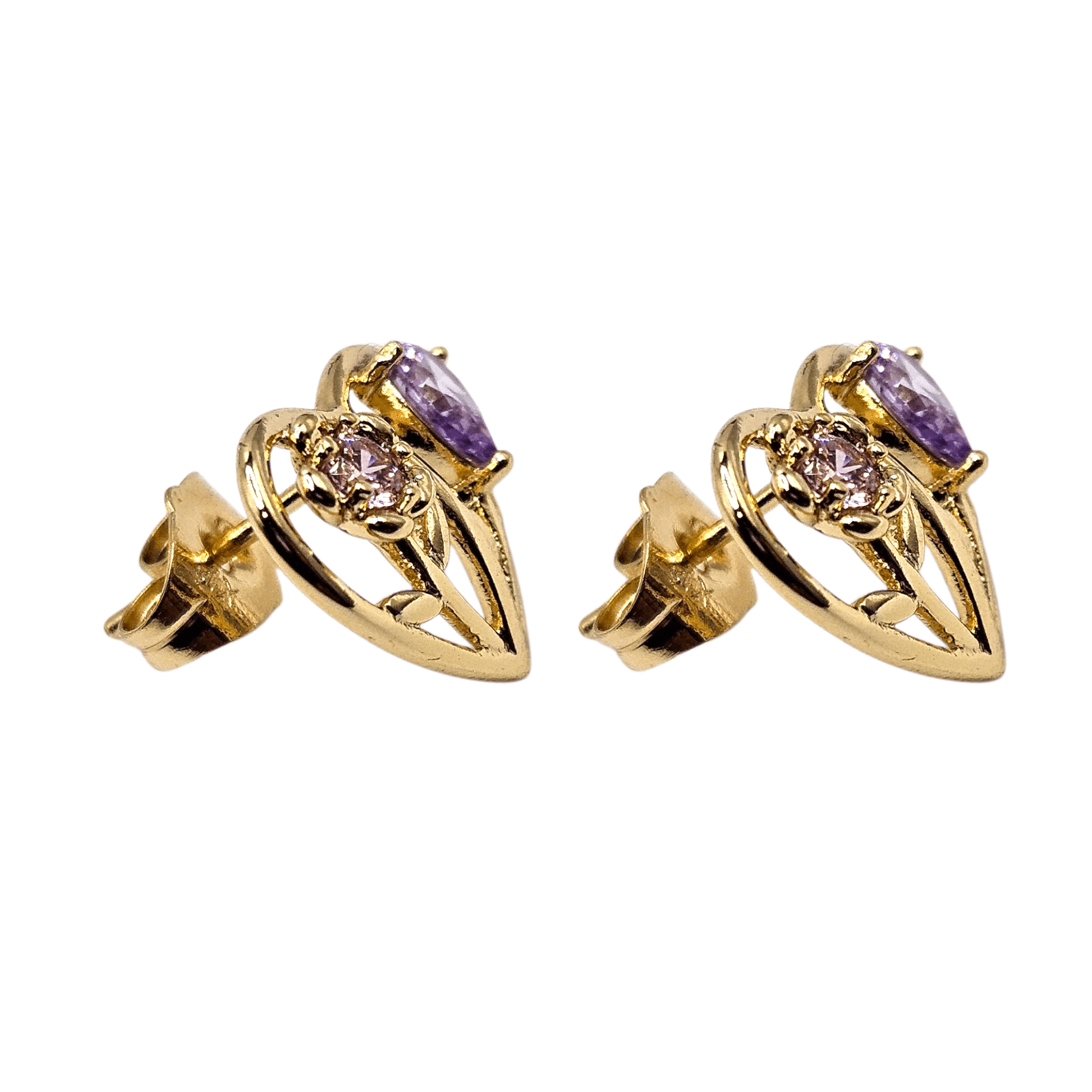 Heart Stud Earrings with Pink and Purple Flowers 14k Gold Plated