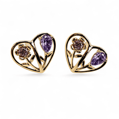Heart Stud Earrings with Pink and Purple Flowers 14k Gold Plated