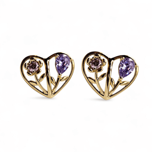 Heart Stud Earrings with Pink and Purple Flowers 14k Gold Plated