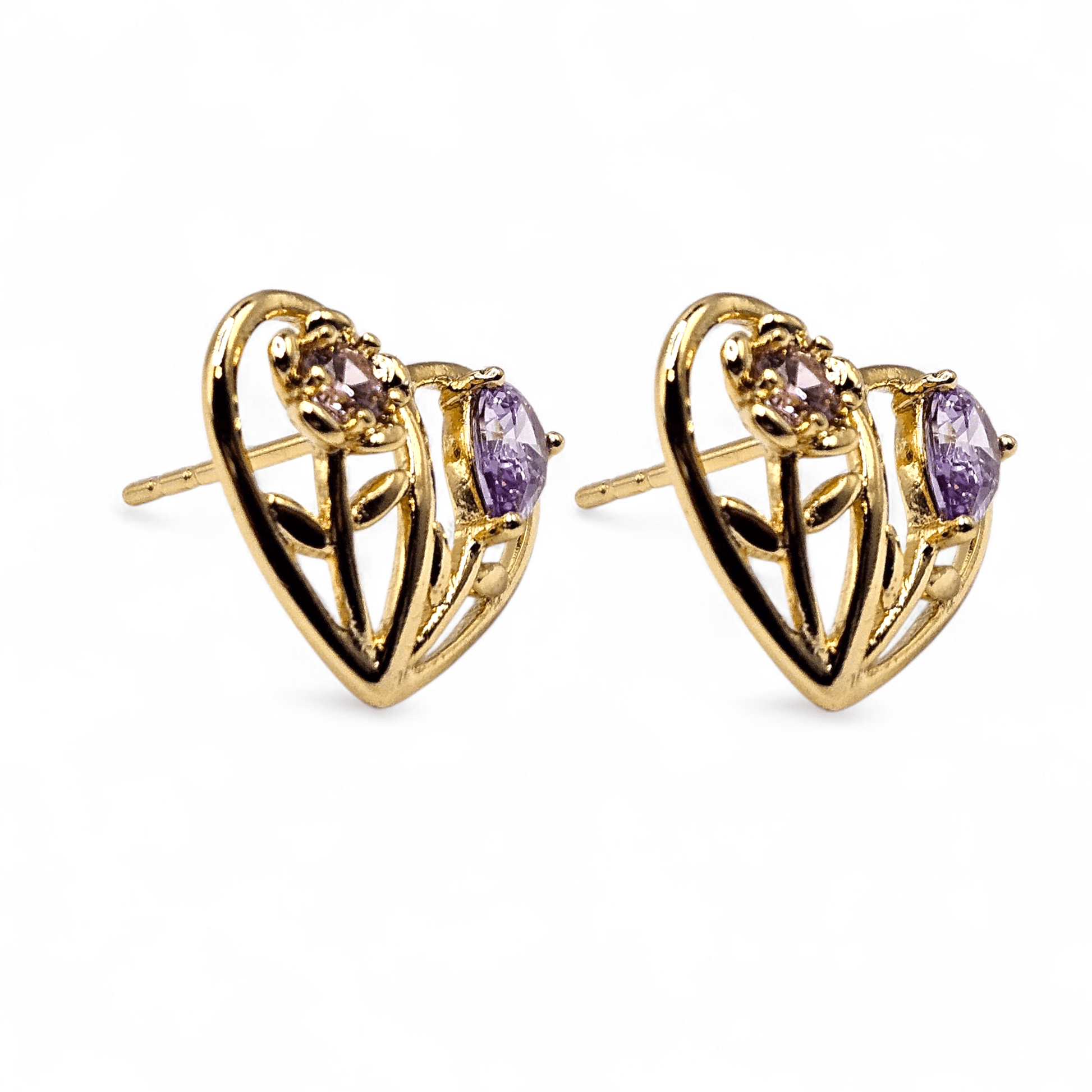 Heart Stud Earrings with Pink and Purple Flowers 14k Gold Plated