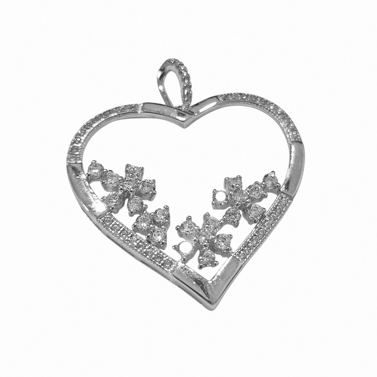 Heart with Flowers Large Pendant Silver 925 with Cubic Zirconia