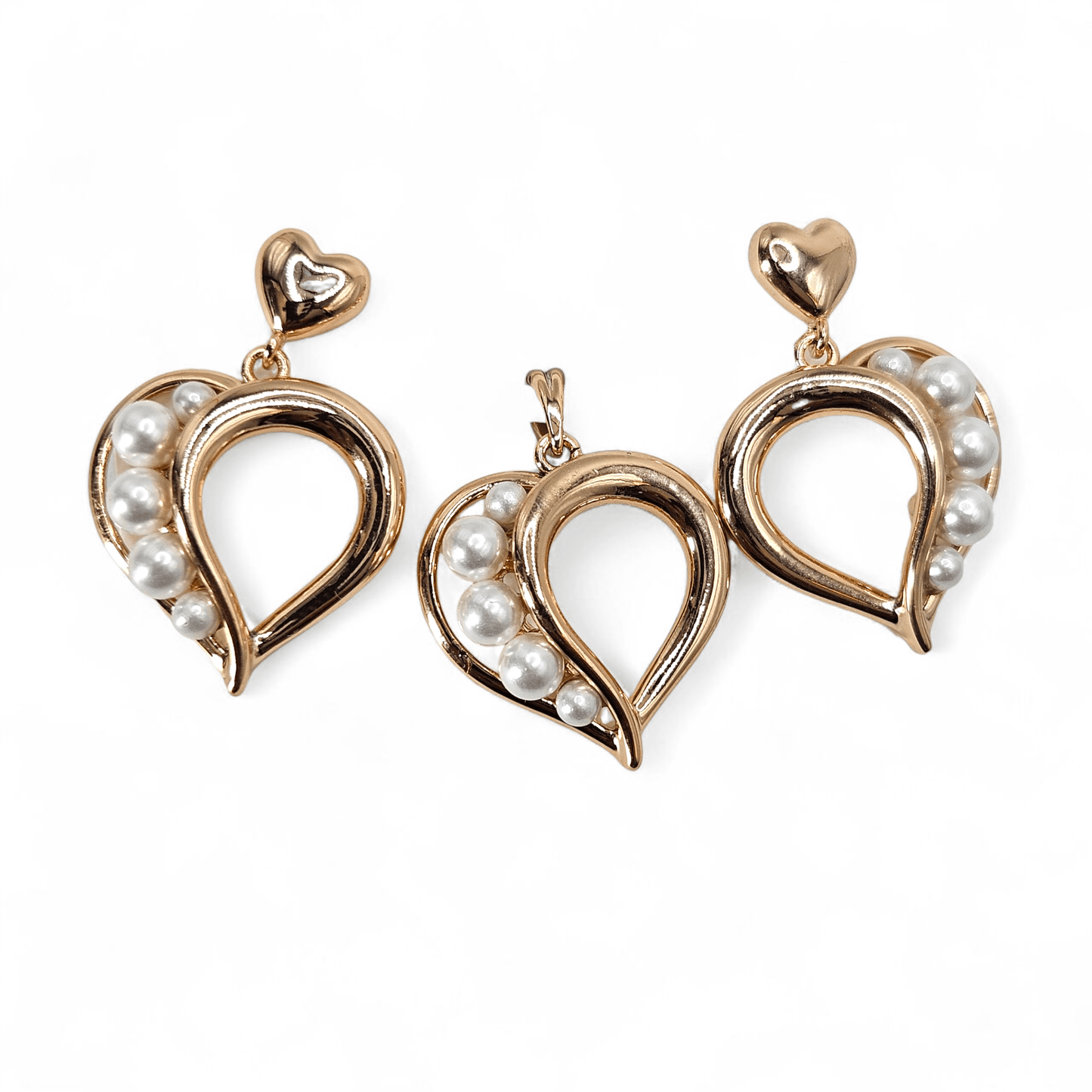 Heart with Pearls Earrings and Pendant Gold Plated Set Silver or Rose Gold - Plated