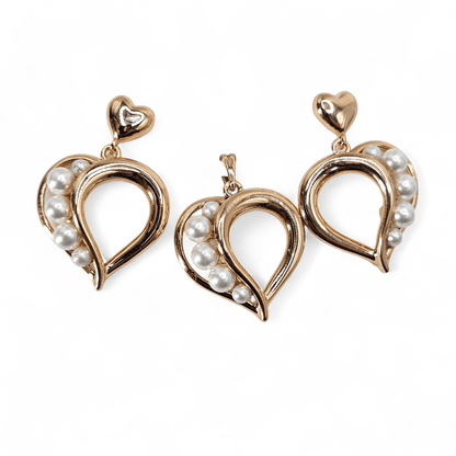 Heart with Pearls Earrings and Pendant Gold Plated Set Silver or Rose Gold - Plated
