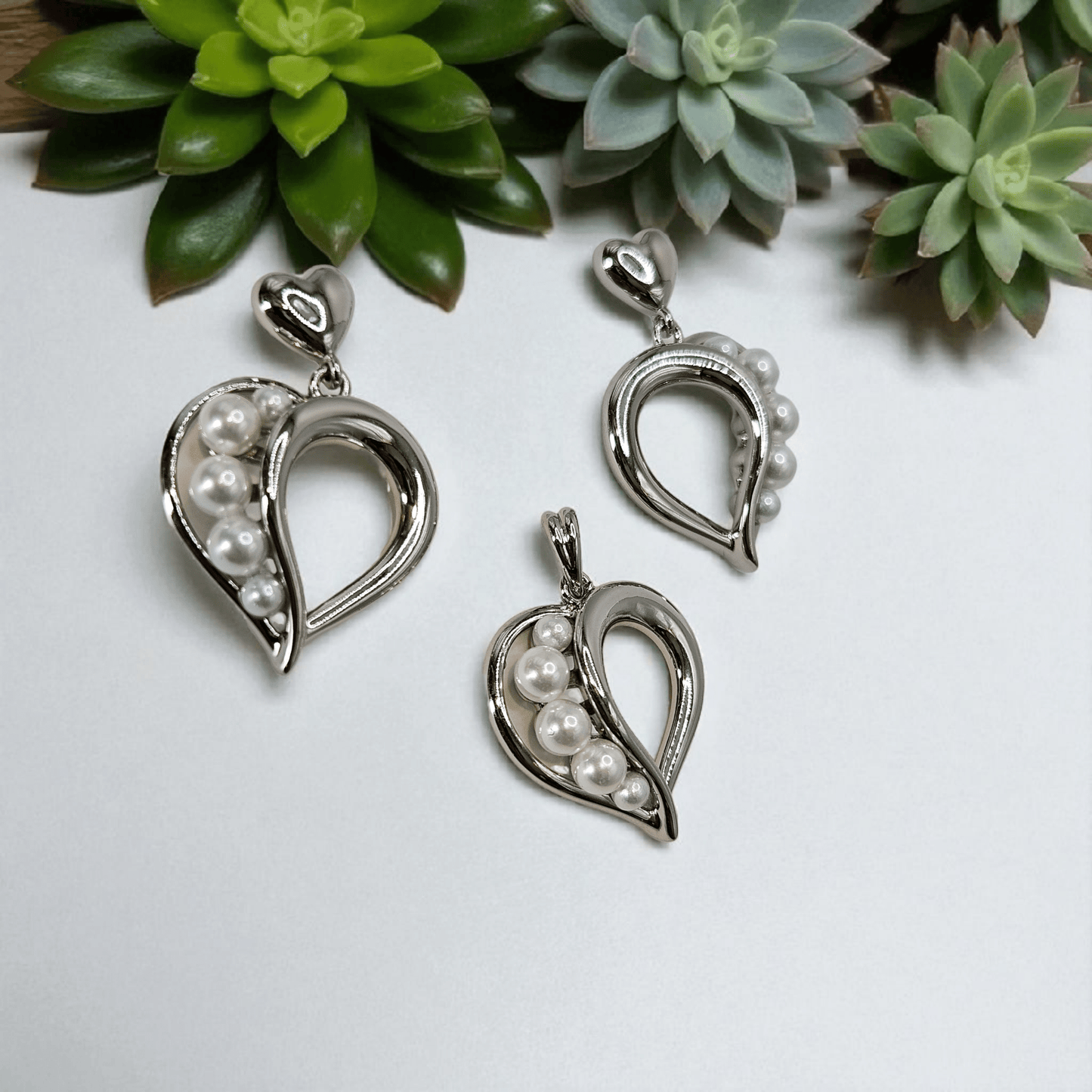 Heart with Pearls Earrings and Pendant Gold Plated Set Silver or Rose Gold - Plated