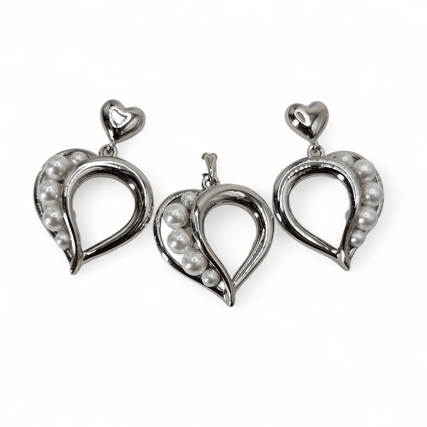 Heart with Pearls Earrings and Pendant Gold Plated Set Silver or Rose Gold - Plated