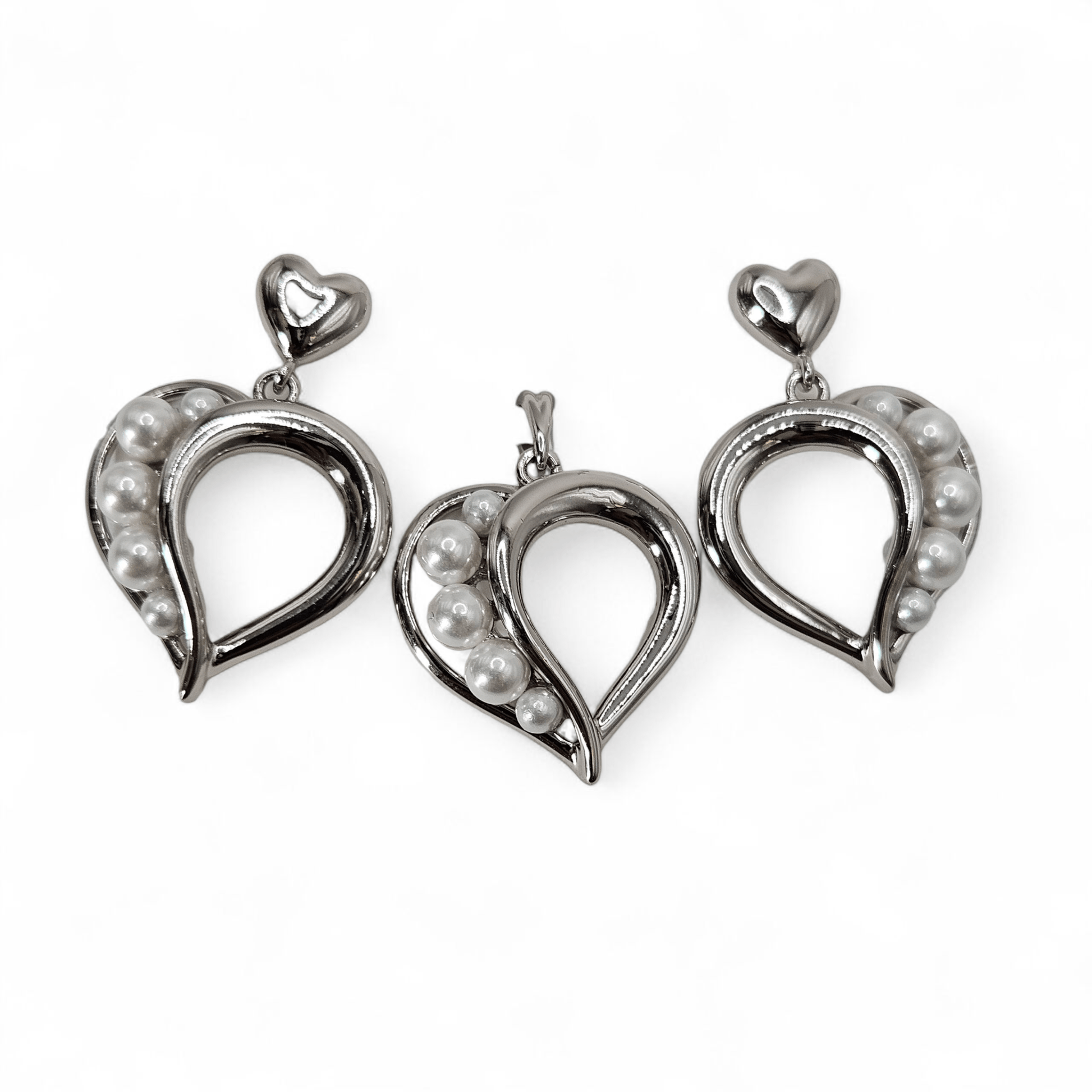 Heart with Pearls Earrings and Pendant Gold Plated Set Silver or Rose Gold - Plated