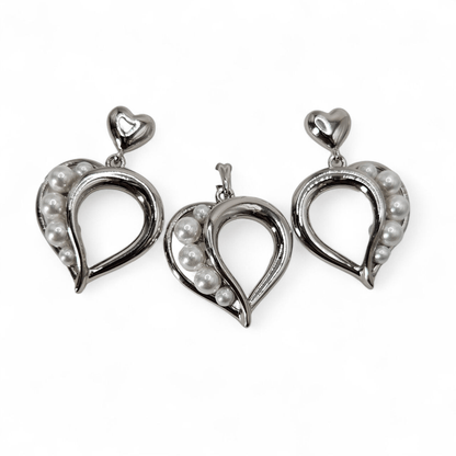 Heart with Pearls Earrings and Pendant Gold Plated Set Silver or Rose Gold - Plated