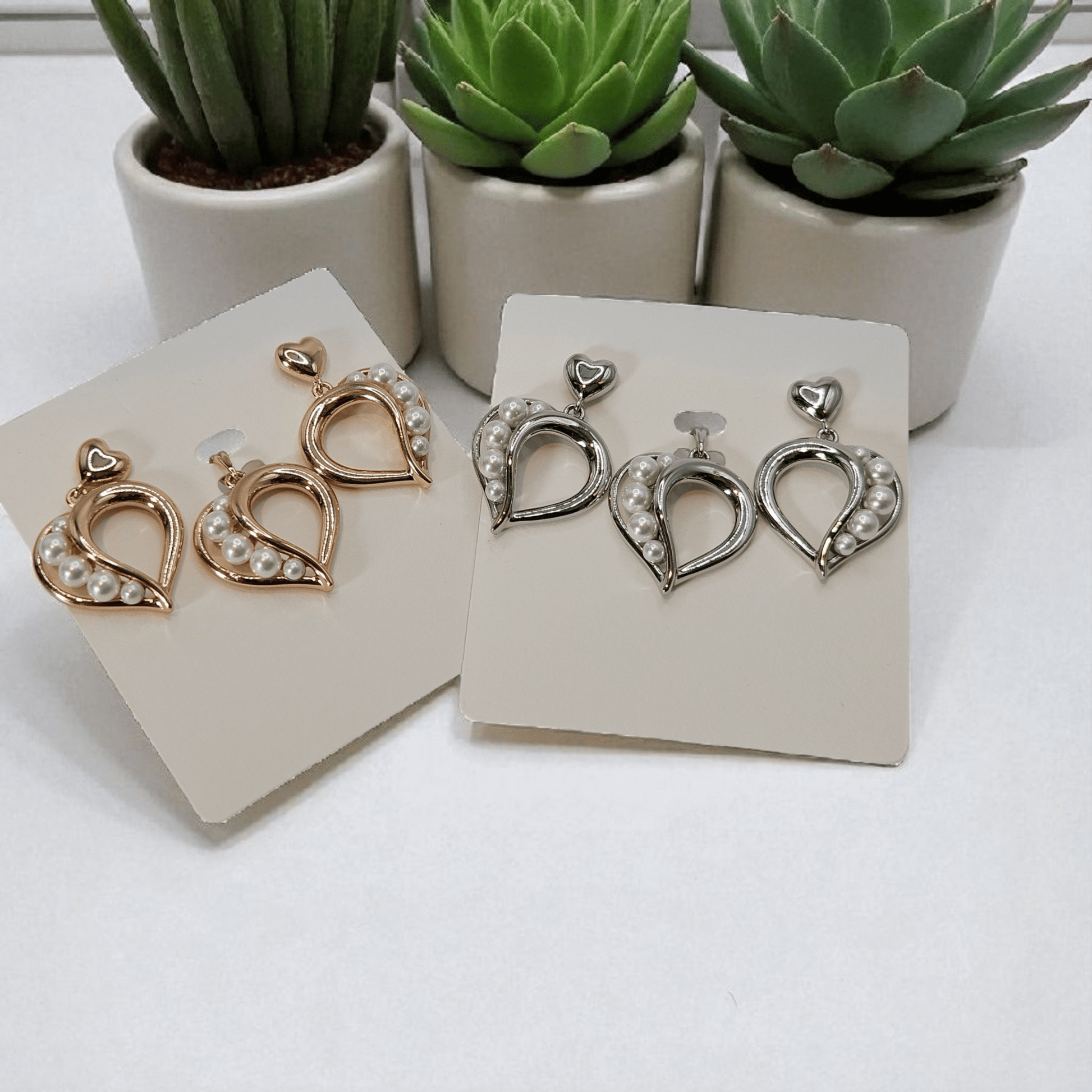 Heart with Pearls Earrings and Pendant Gold Plated Set Silver or Rose Gold - Plated