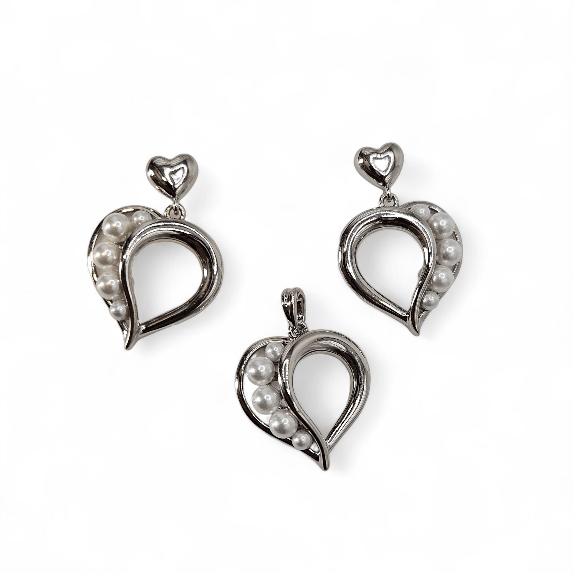 Heart with Pearls Earrings and Pendant Gold Plated Set Silver or Rose Gold - Plated