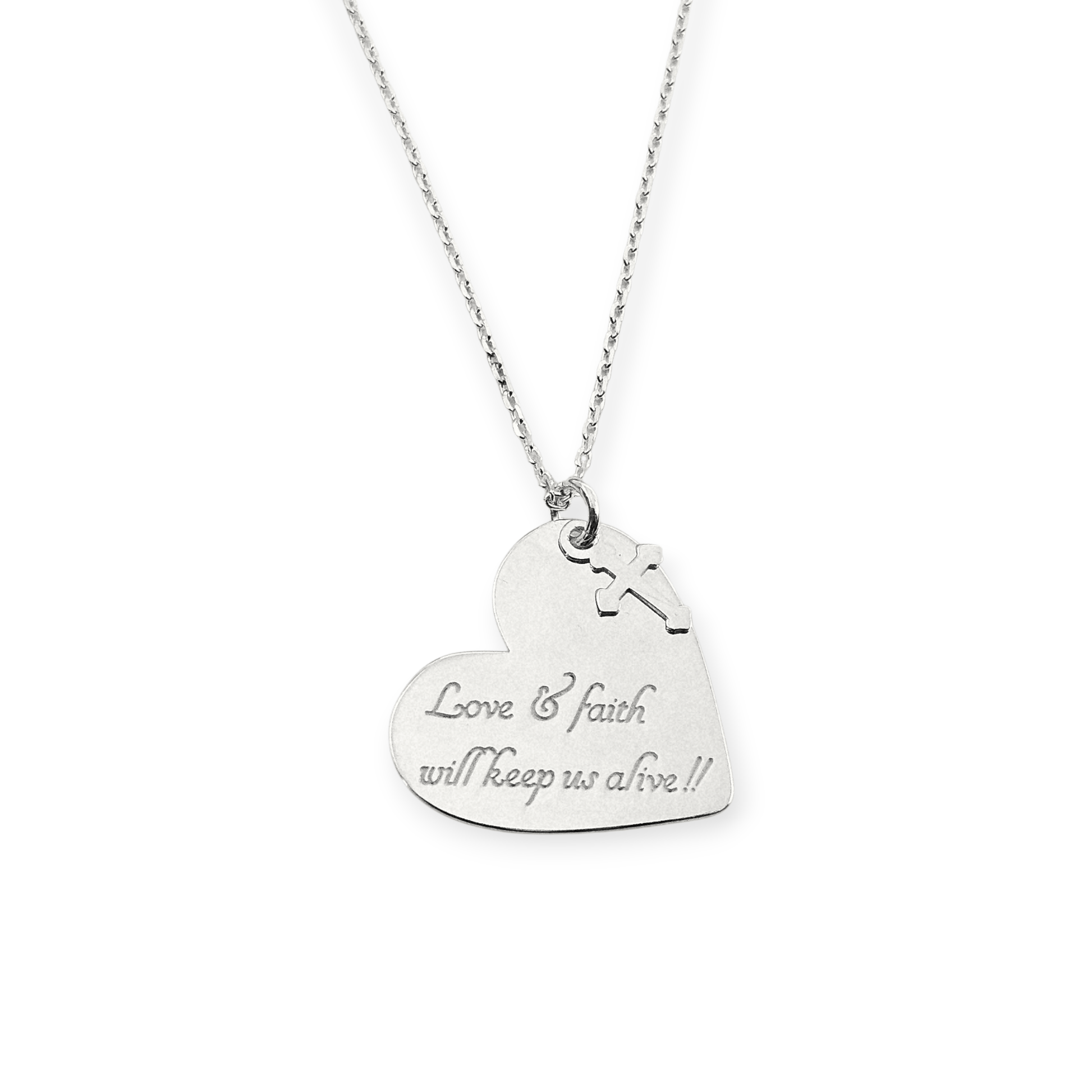 Hearth Necklace with Love & Faith Engraving Silver 925, 16" L Rollo Link Chain