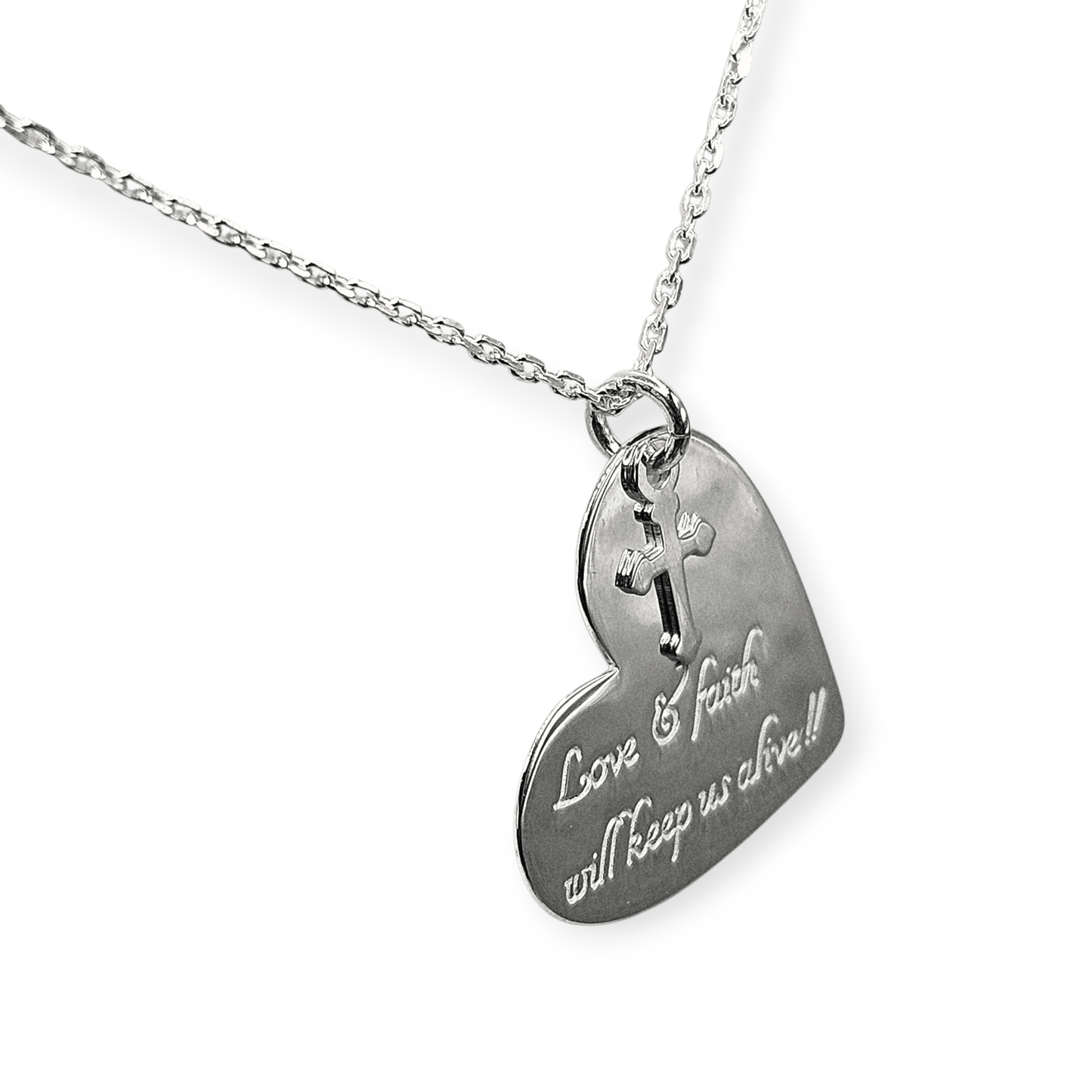 Hearth Necklace with Love & Faith Engraving Silver 925, 16" L Rollo Link Chain