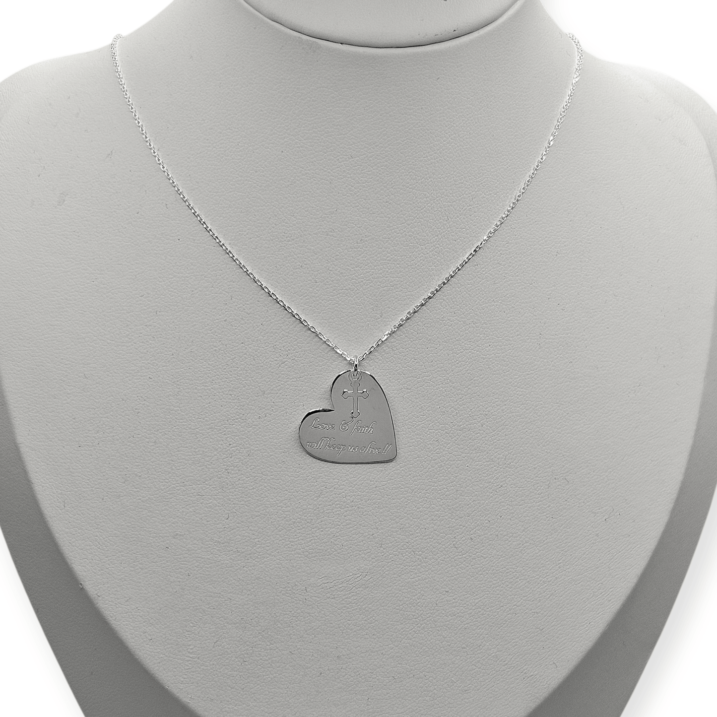 Hearth Necklace with Love & Faith Engraving Silver 925, 16" L Rollo Link Chain