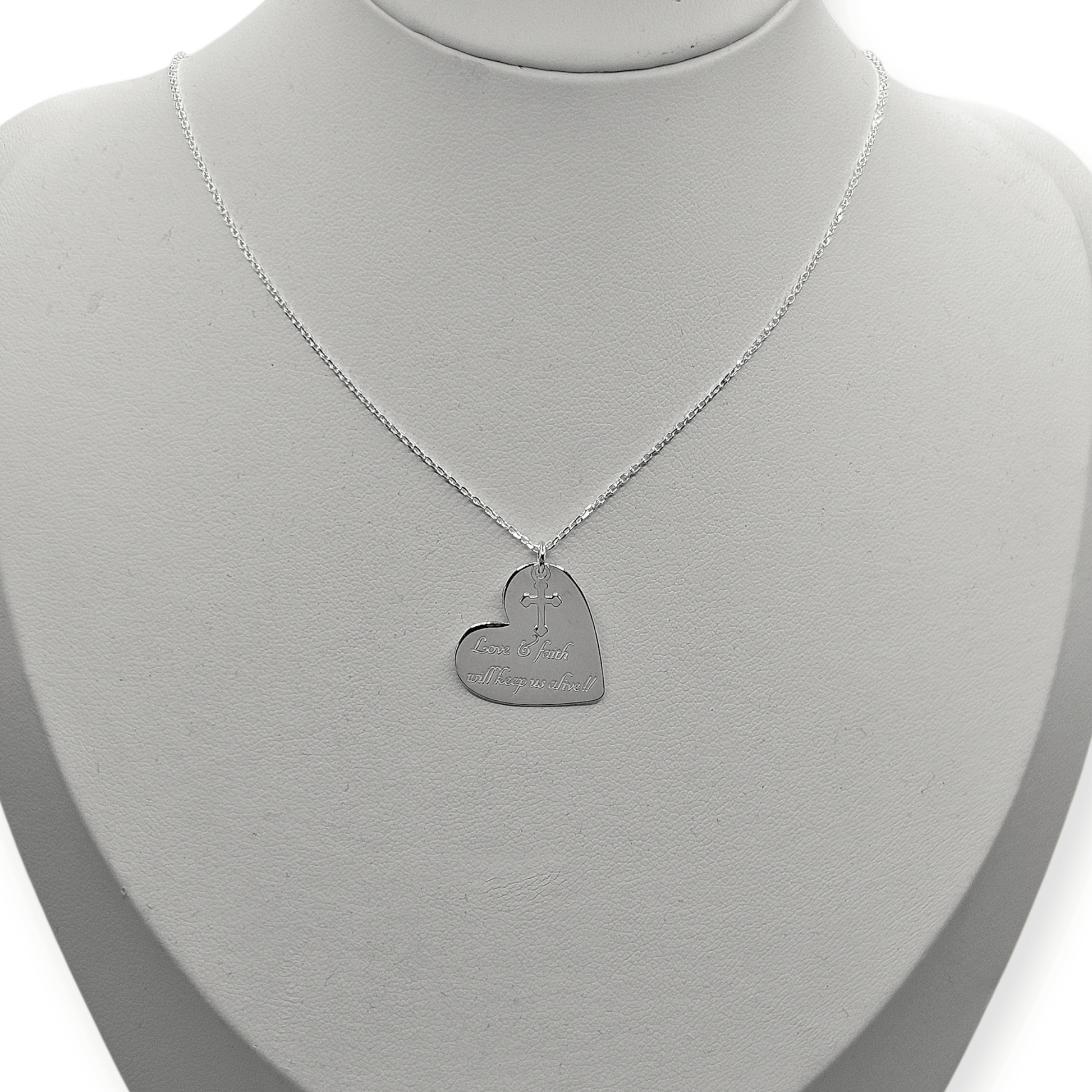 Hearth Necklace with Love & Faith Engraving Silver 925, 16" L Rollo Link Chain