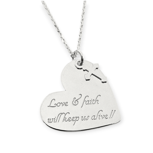 Hearth Necklace with Love & Faith Engraving Silver 925, 16" L Rollo Link Chain