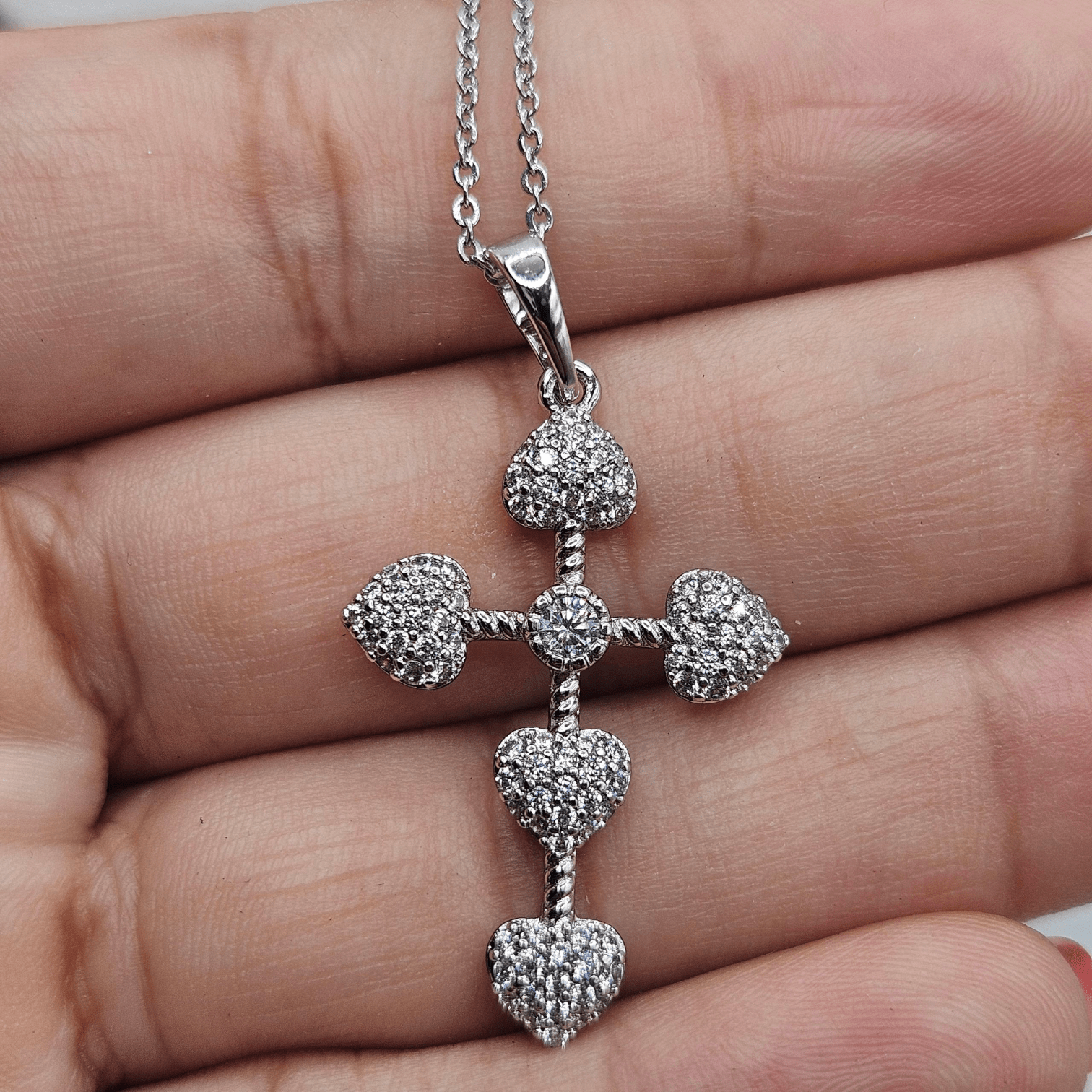 Hearts Cross Necklace Silver Plated for Women with 17" Chain