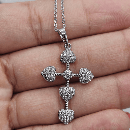 Hearts Cross Necklace Silver Plated for Women with 17" Chain