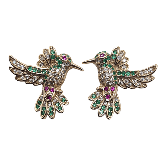 Hummingbird Stud Earrings 14K Gold Plated over Silver 925 Colorful Cubic Zirconia for Women