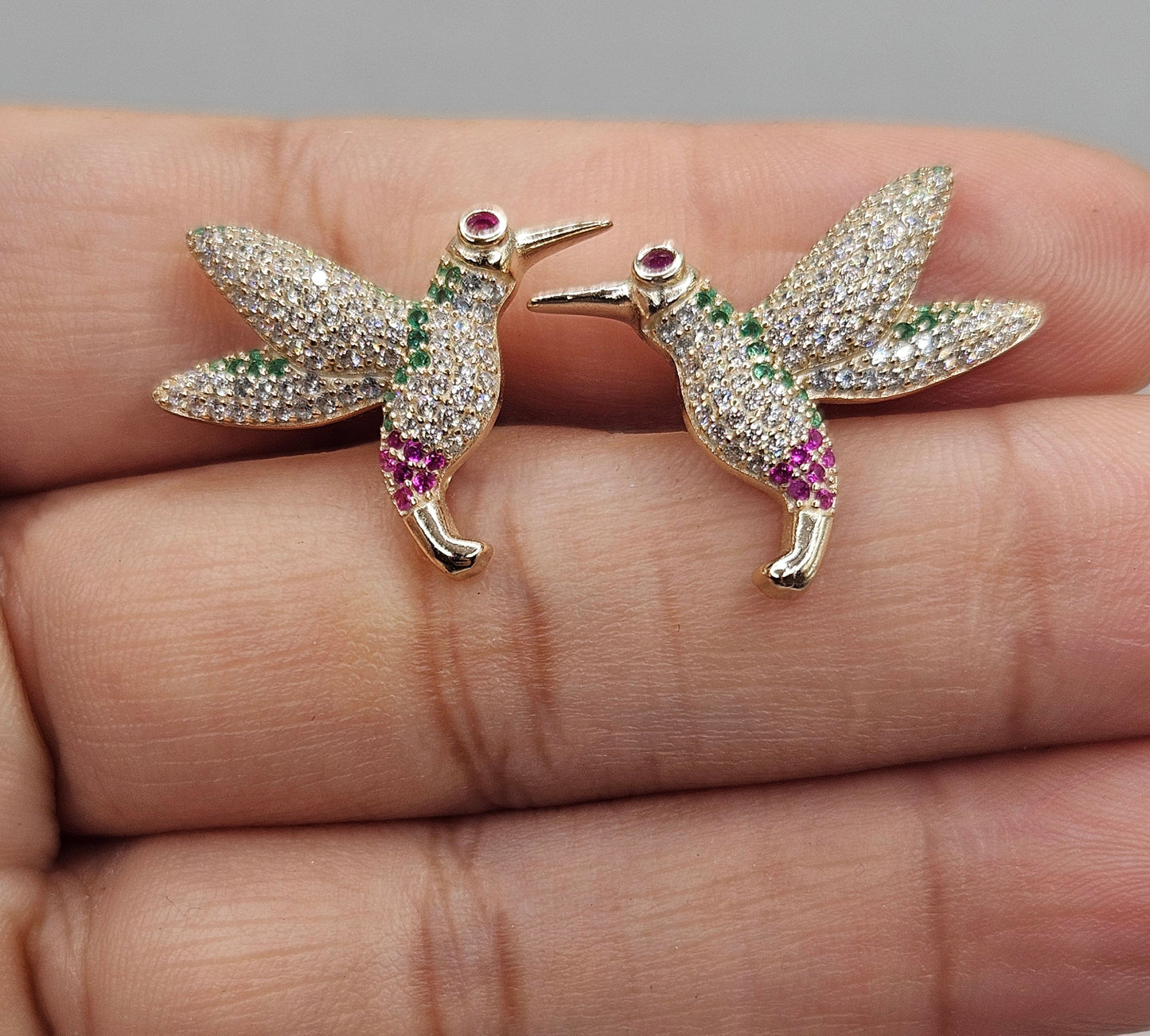 Hummingbird Stud Earrings 14K Gold Plated over Silver 925 Multicolor Cubic Zirconia for Women