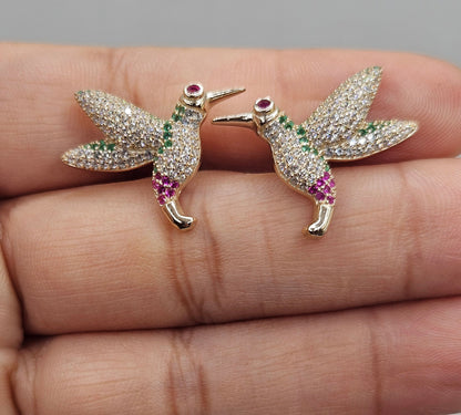 Hummingbird Stud Earrings 14K Gold Plated over Silver 925 Multicolor Cubic Zirconia for Women
