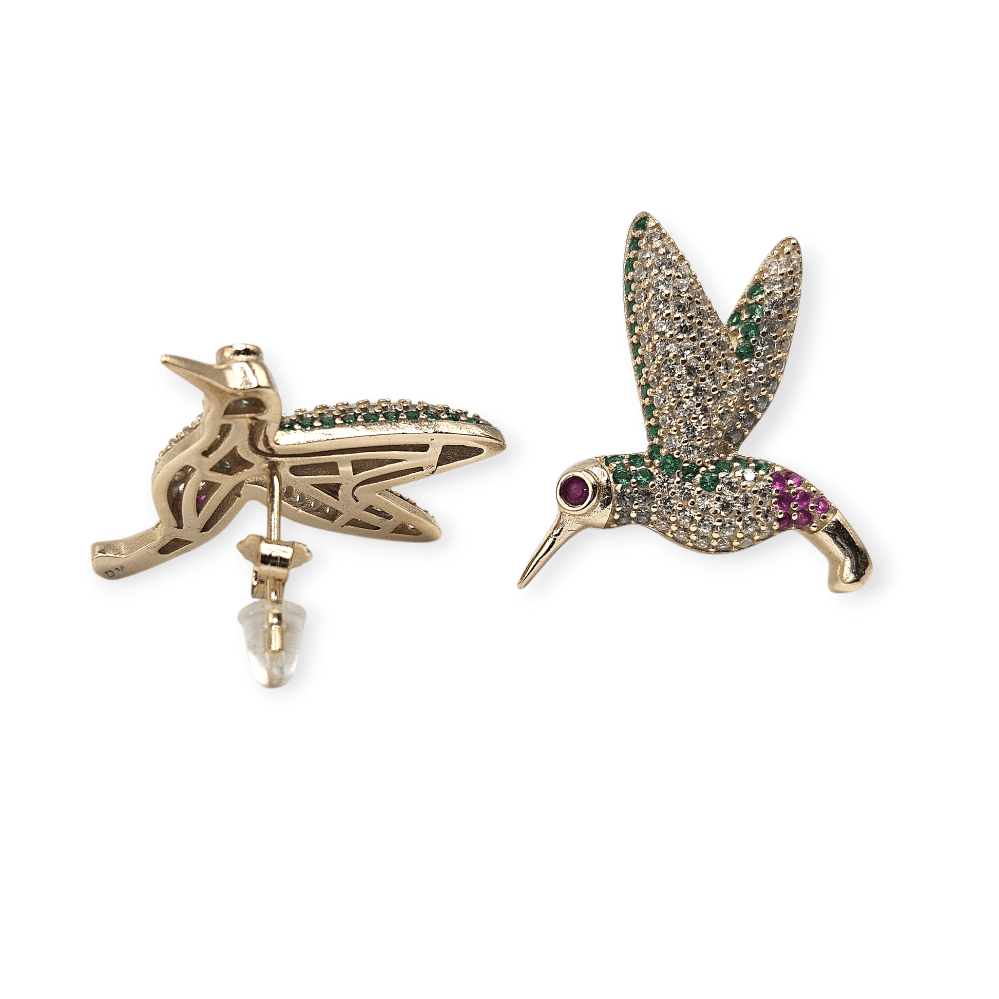 Hummingbird Stud Earrings 14K Gold Plated over Silver 925 Multicolor Cubic Zirconia for Women