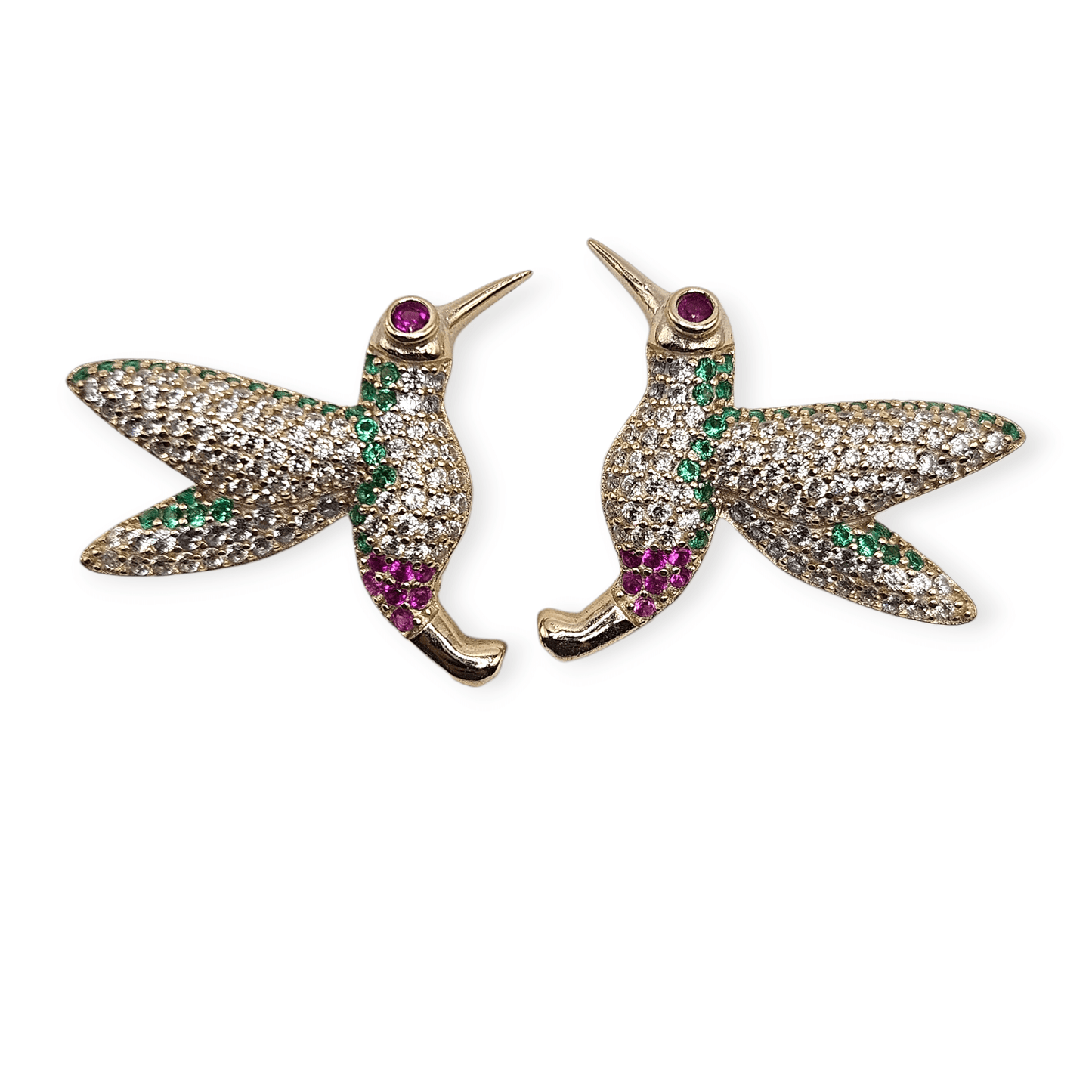 Hummingbird Stud Earrings 14K Gold Plated over Silver 925 Multicolor Cubic Zirconia for Women