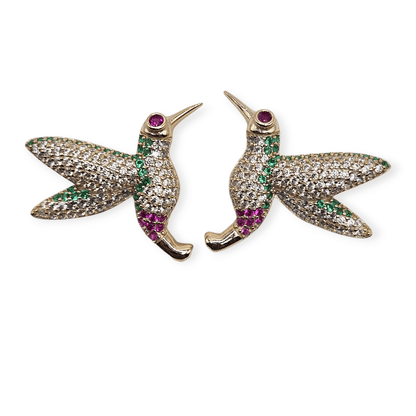 Hummingbird Stud Earrings 14K Gold Plated over Silver 925 Multicolor Cubic Zirconia for Women