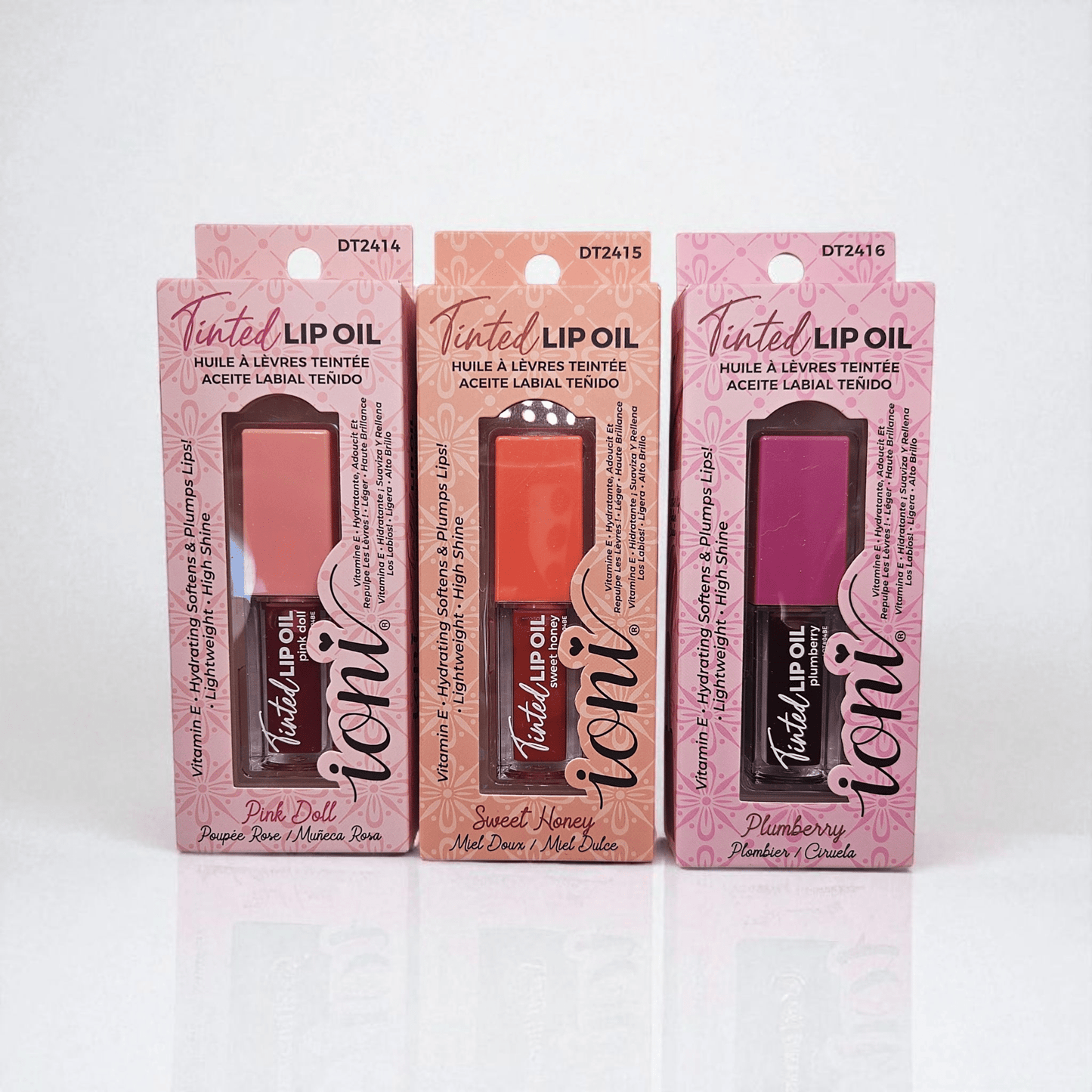 Ioni Tinted Lip Oils Plumbery, Pink Doll, Sweet Honey