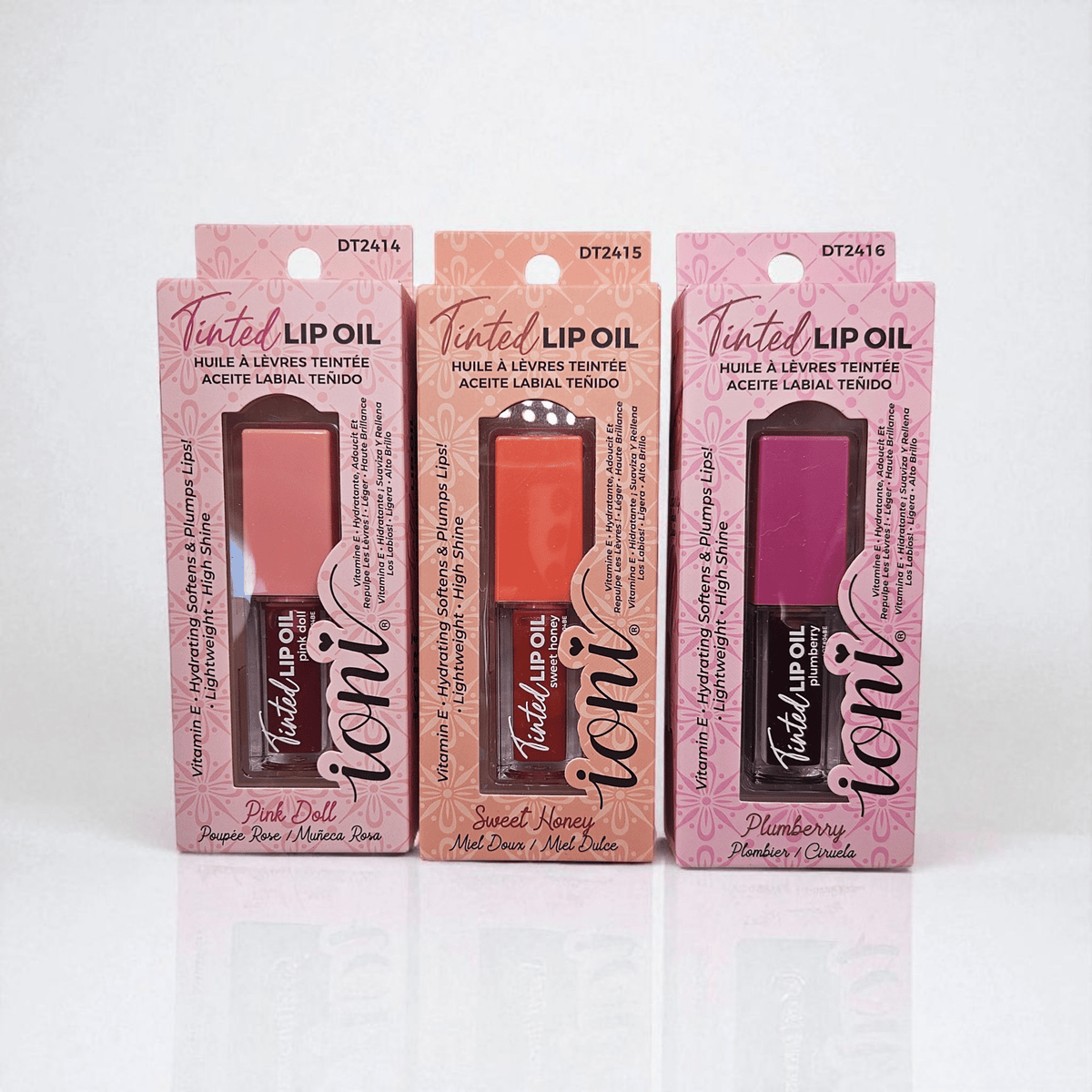 Ioni Tinted Lip Oils Plumbery, Pink Doll, Sweet Honey