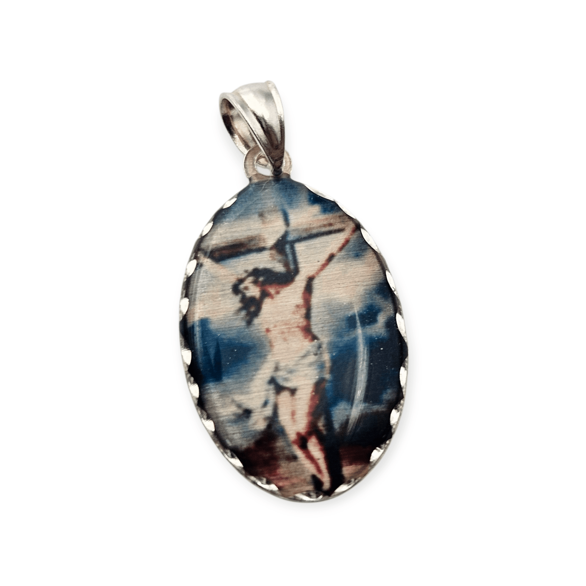 Jesus Christ on The Cross Crucifix Medal Pendant Silver in Rectangle or Oval Shape, 22mm H