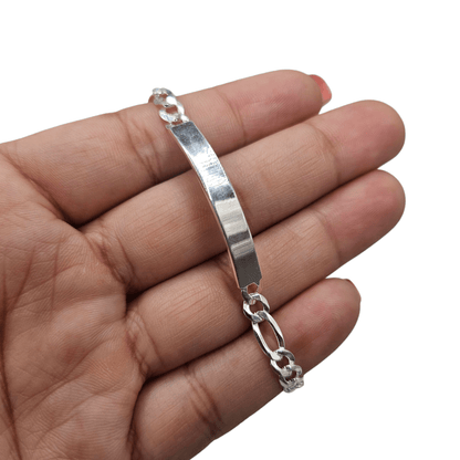 Kids ID Plate Sterling Silver 925 Bracelet 7"L Figaro Unisex - Free Laser Engraving Great for older Kids 7 to 17 years