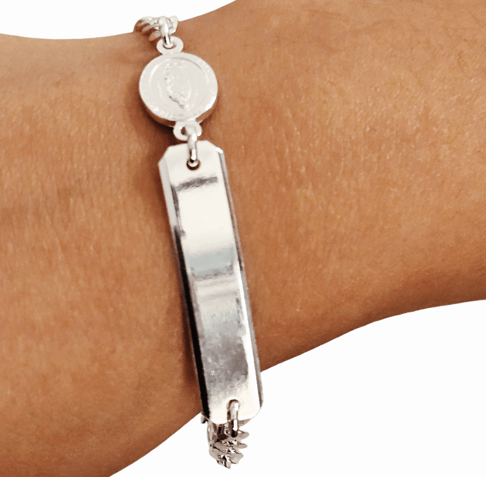 Kids ID Plate with Virgen Maria Silver Bracelet 6"L Silver 925, Figaro Unisex - Great for older Kids 6 to 10 years