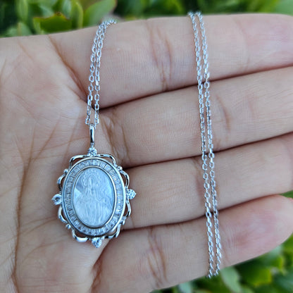 La Milagrosa Necklace Silver 925, Miraculous Virgin Pearl Engraved 16" L Rollo Link Chain