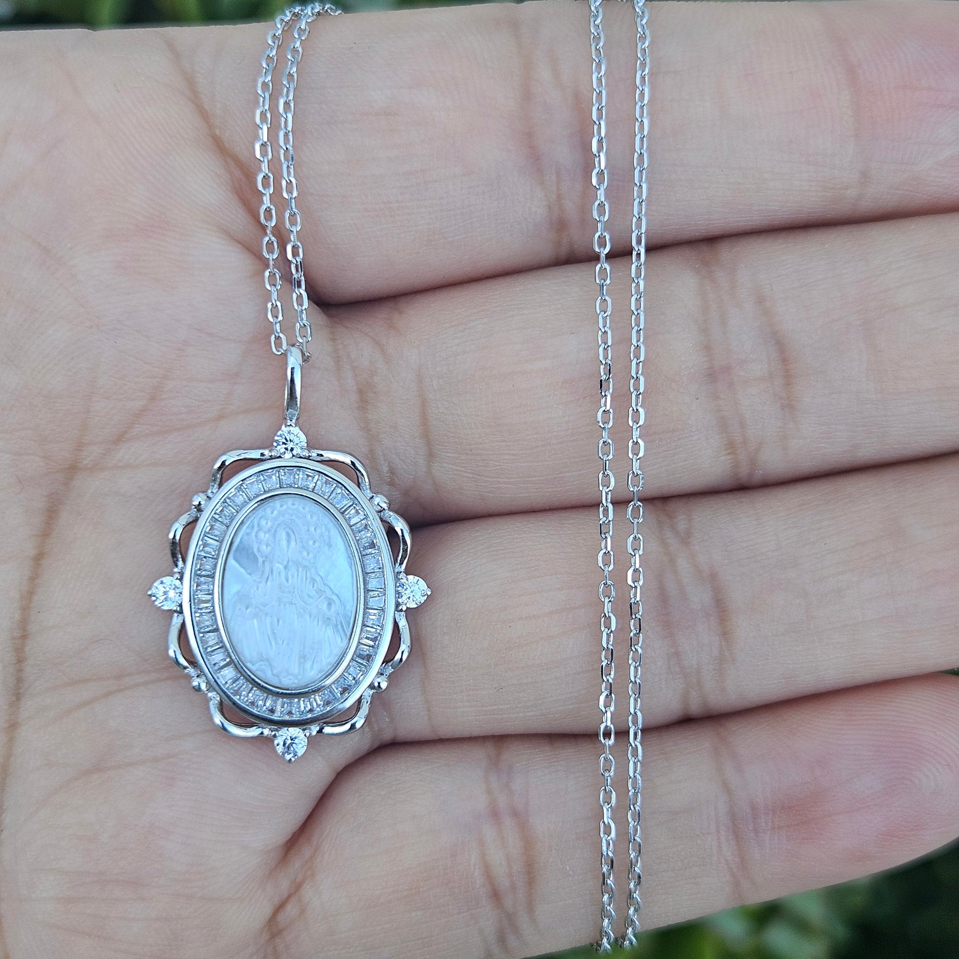 La Milagrosa Necklace Silver 925, Miraculous Virgin Pearl Engraved 16" L Rollo Link Chain